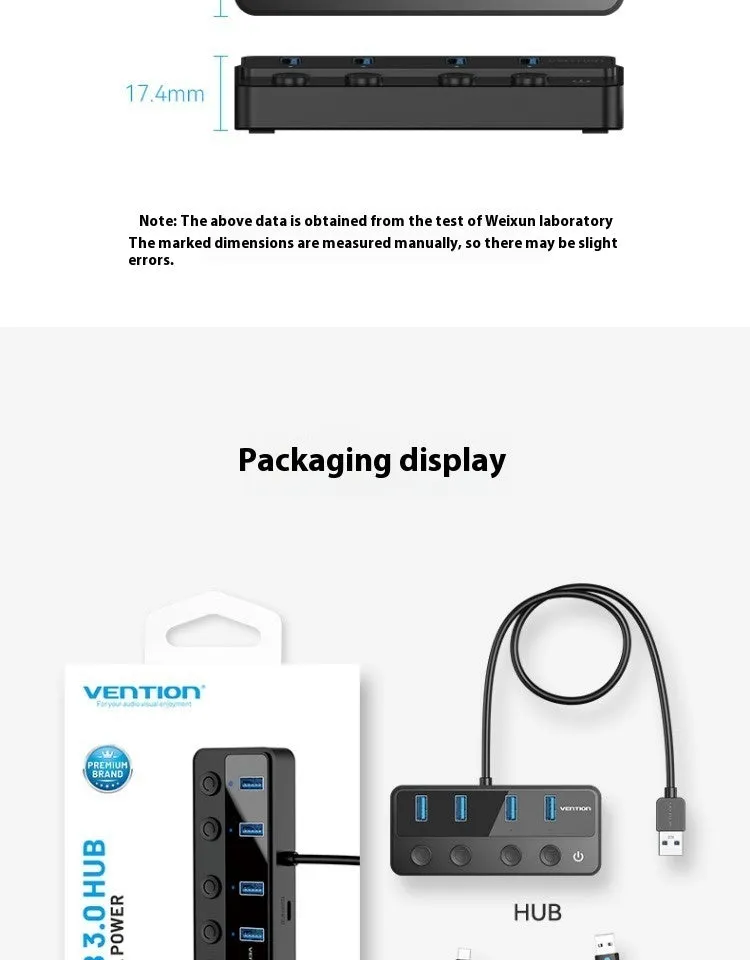 Vention USB 3.0 4-port hub docking station with 1m black cable
