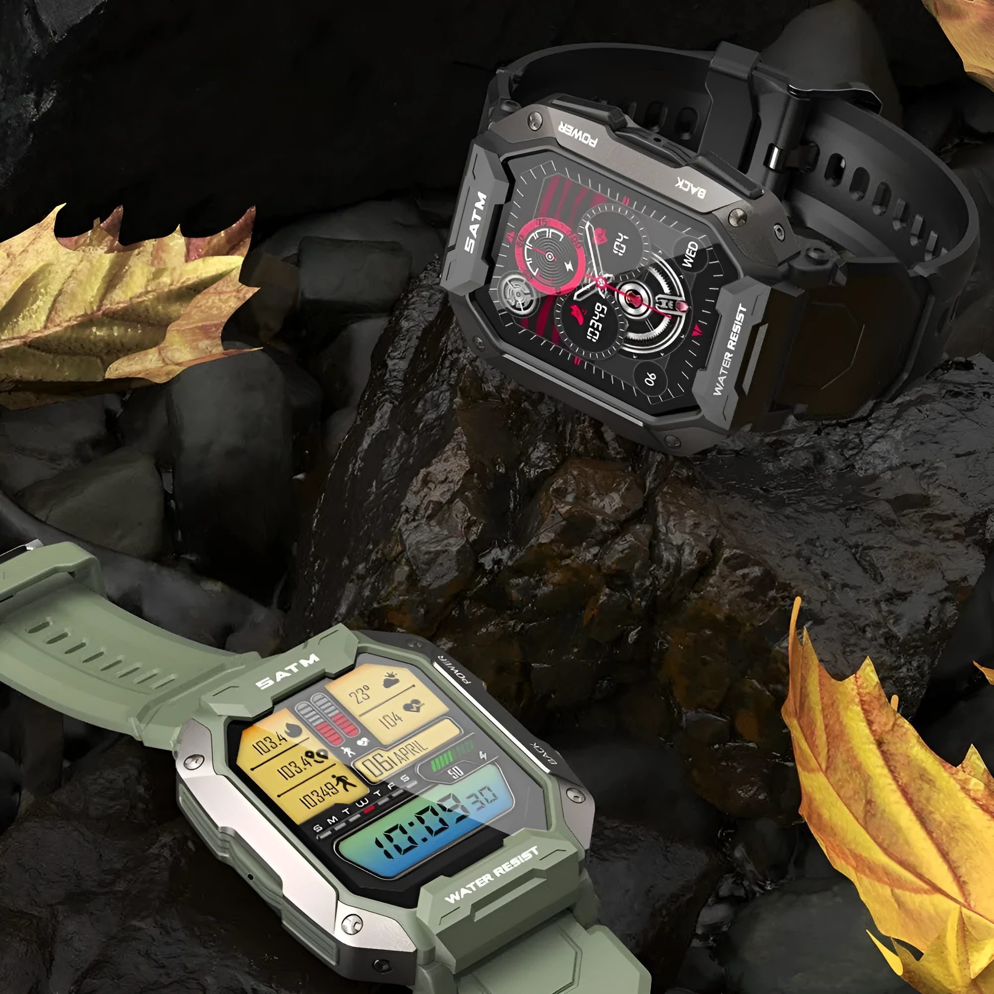 Black smart watch with TFT display showing heart rate and time, green option available, Bluetooth calling, 1ATM waterproof