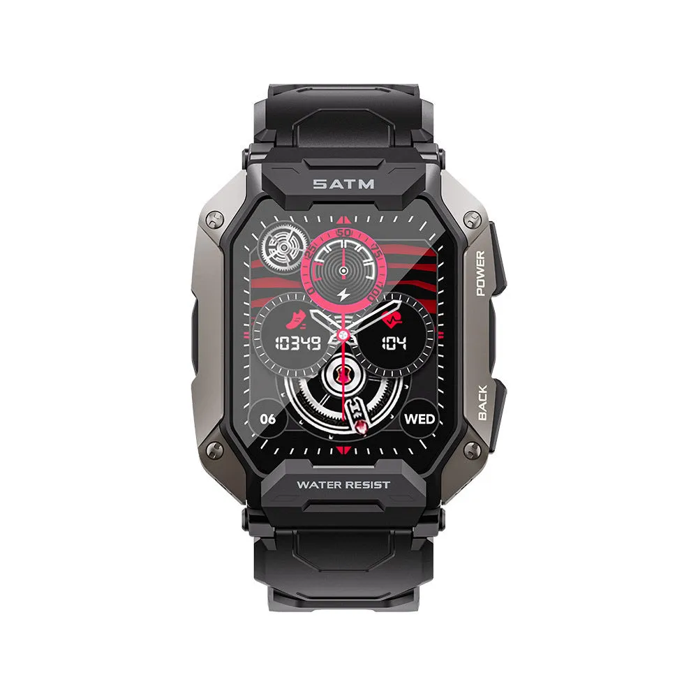 Black smart watch with TFT display showing heart rate and time, green option available, Bluetooth calling, 1ATM waterproof