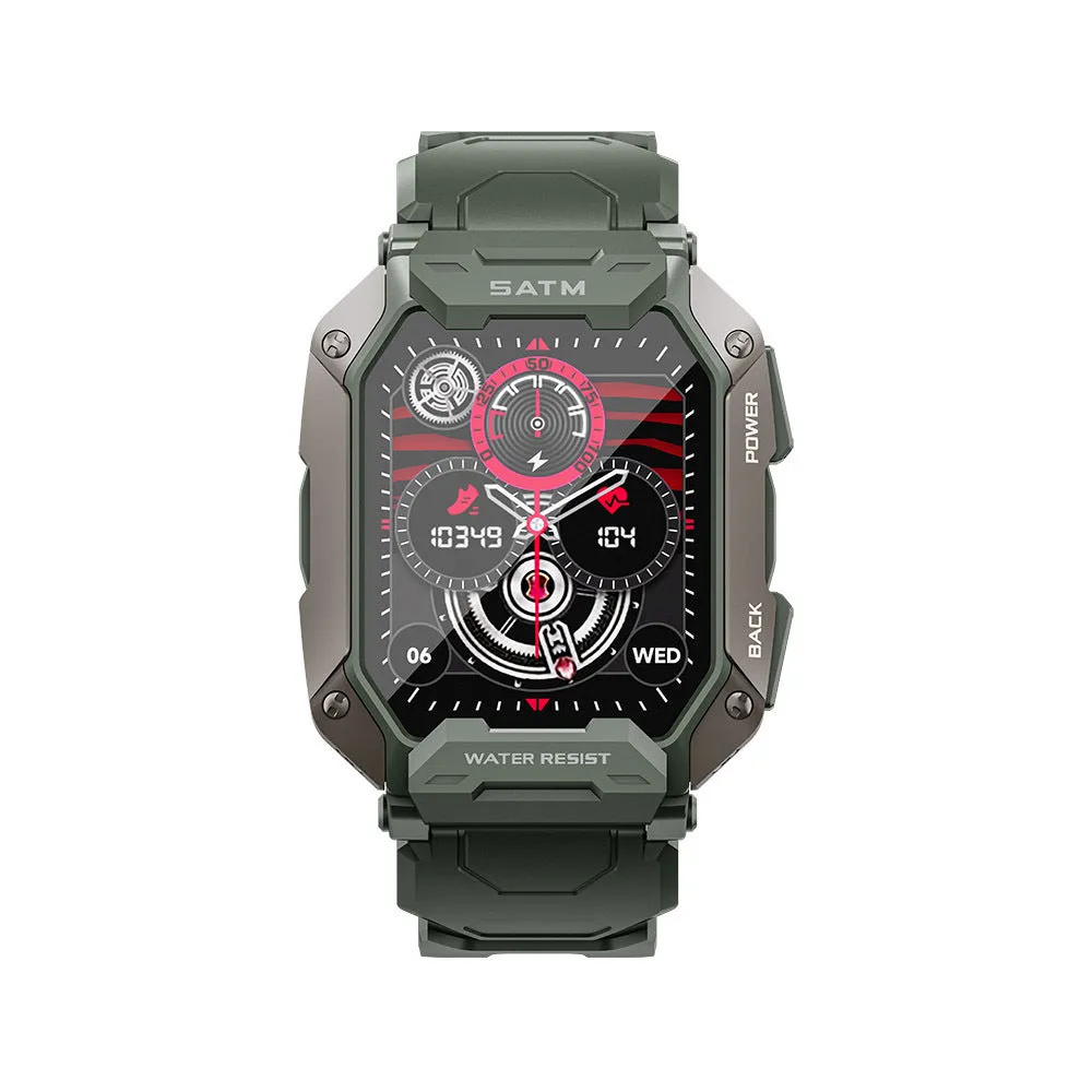 Black smart watch with TFT display showing heart rate and time, green option available, Bluetooth calling, 1ATM waterproof
