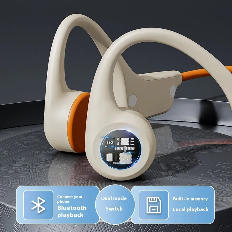Beige orange bone conduction Bluetooth headset with ear hook design and 32G memory