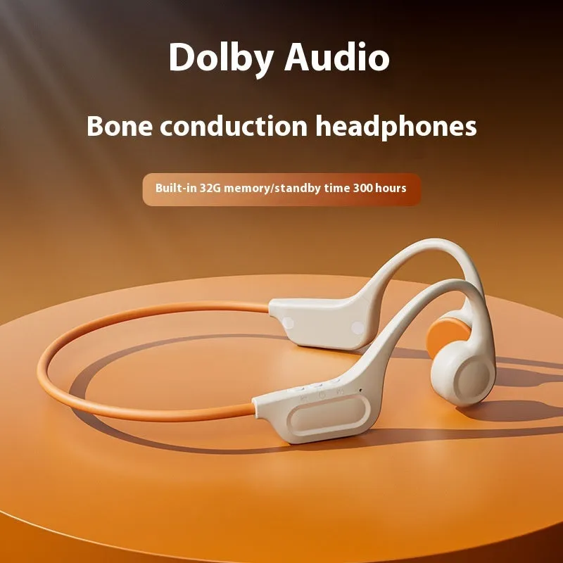 Beige orange bone conduction Bluetooth headset with ear hook design and 32G memory