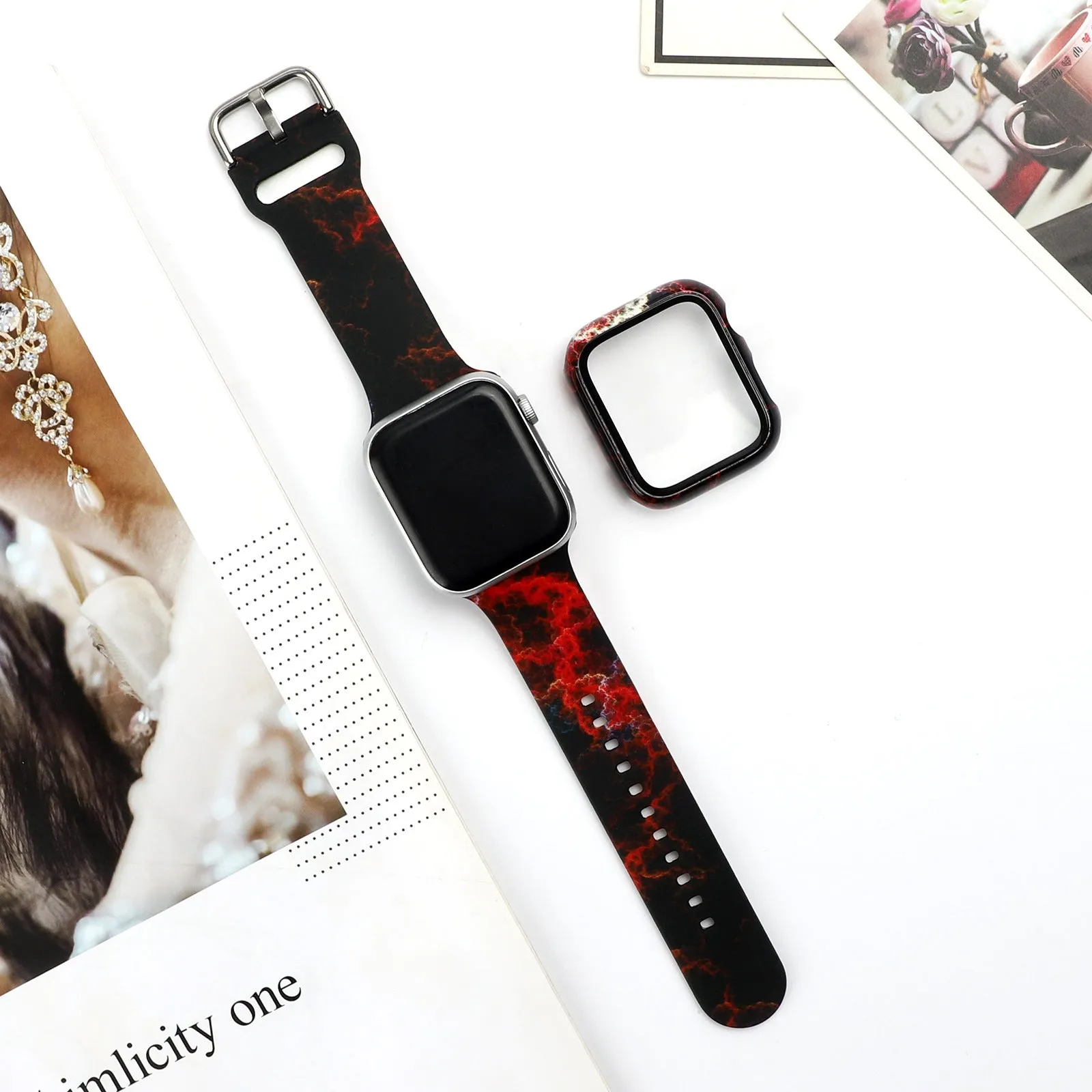 Printed silicone replacement watch strap for Apple Watch Series 1-6 and SE models showing graphic design options.