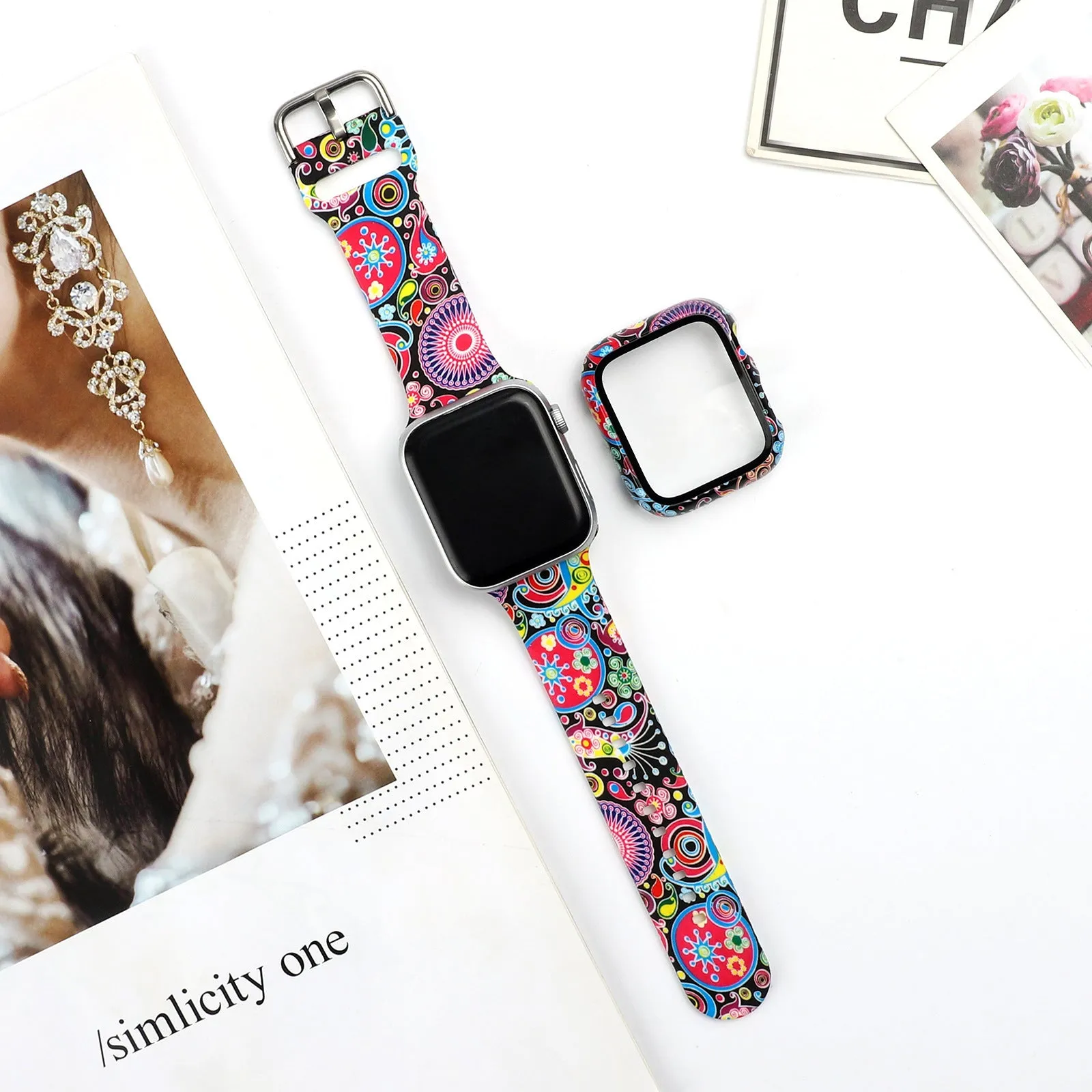 Printed silicone replacement watch strap for Apple Watch Series 1-6 and SE models showing graphic design options.