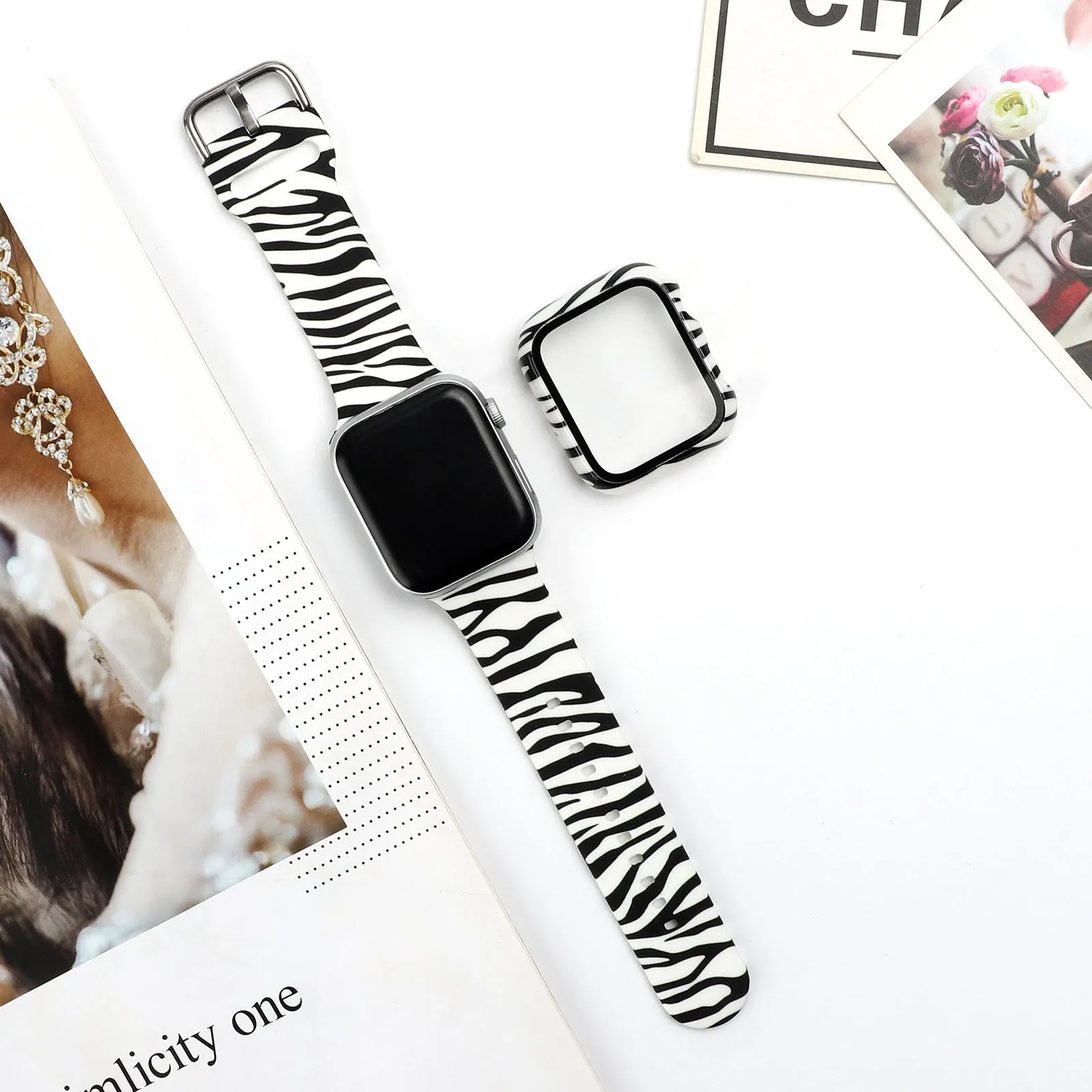 Printed silicone replacement watch strap for Apple Watch Series 1-6 and SE models showing graphic design options.