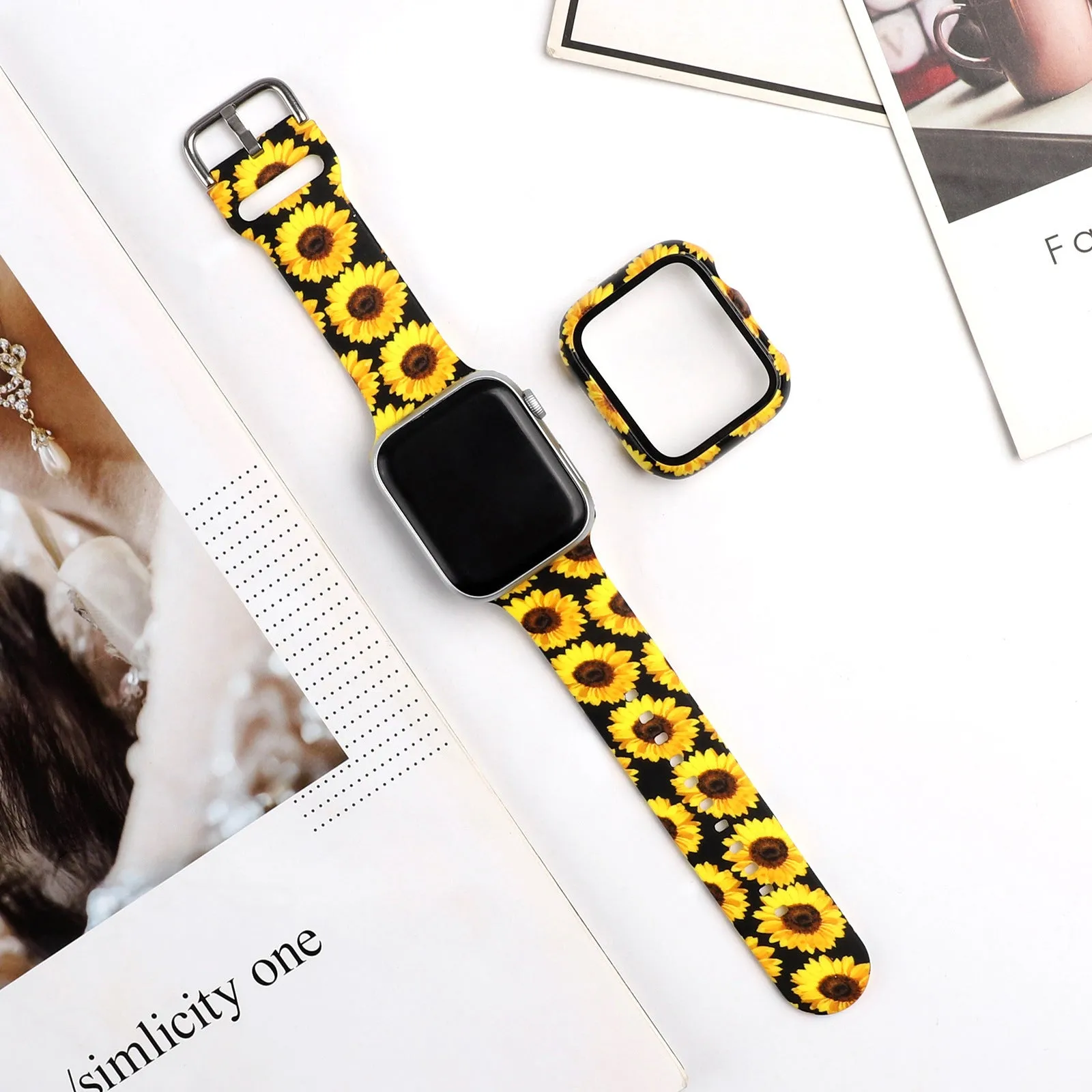Printed silicone replacement watch strap for Apple Watch Series 1-6 and SE models showing graphic design options.