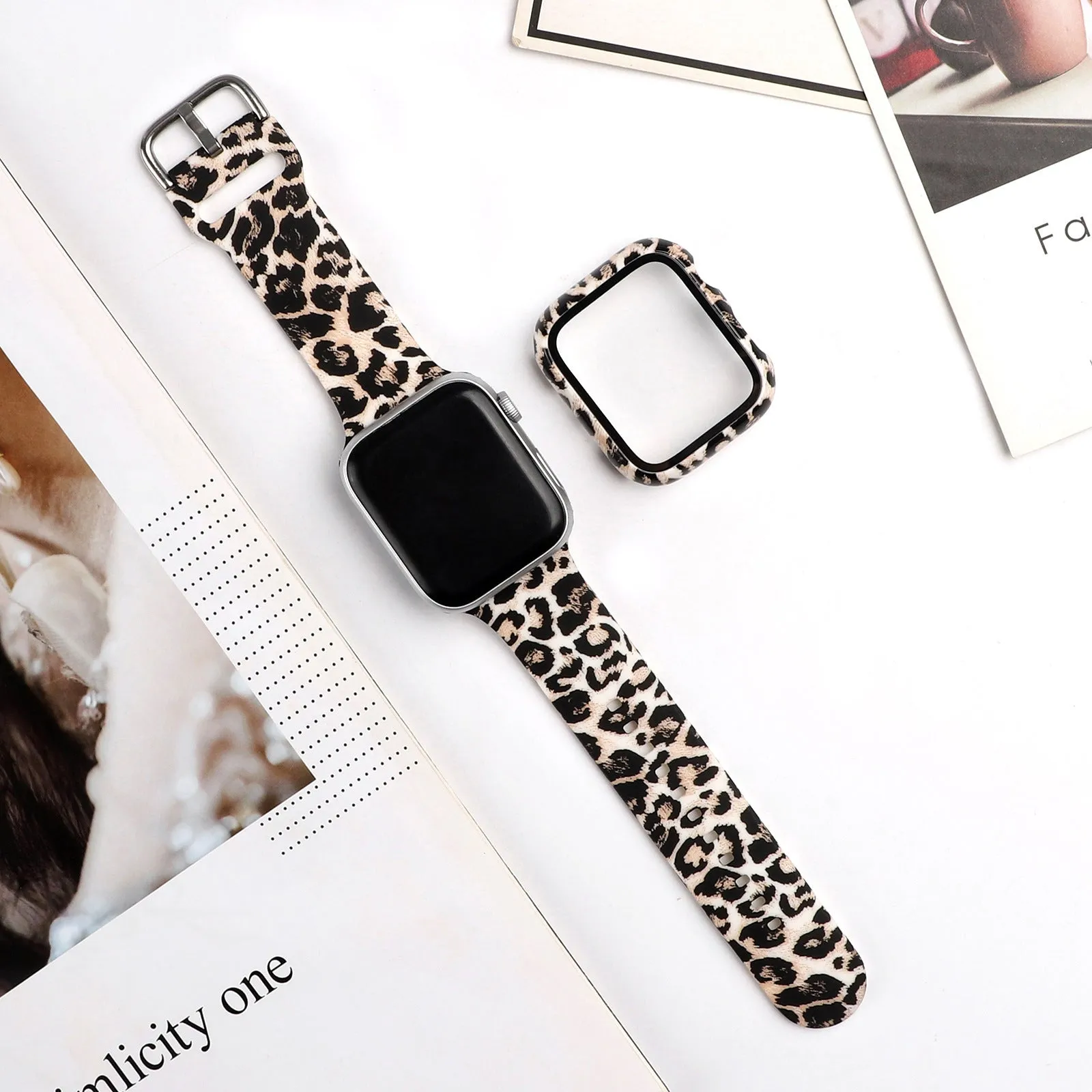 Printed silicone replacement watch strap for Apple Watch Series 1-6 and SE models showing graphic design options.