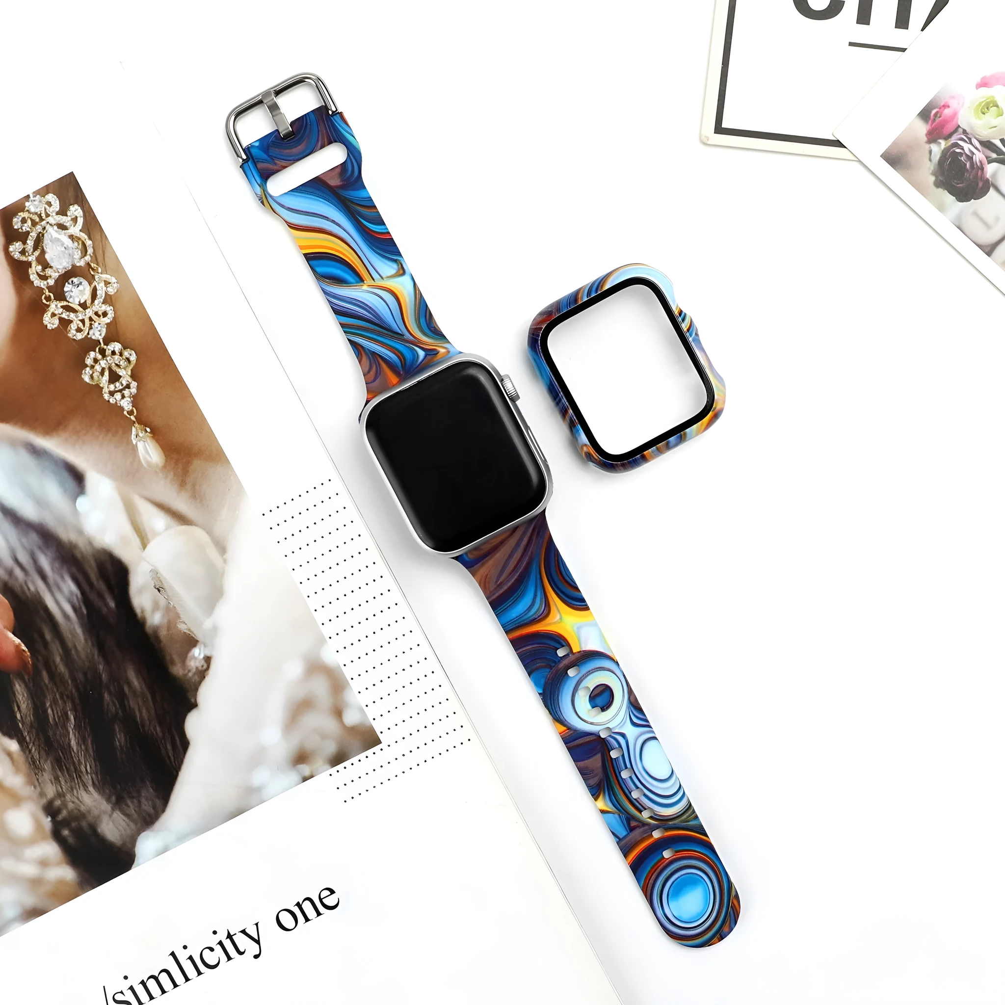 Printed silicone replacement watch strap for Apple Watch Series 1-6 and SE models showing graphic design options.