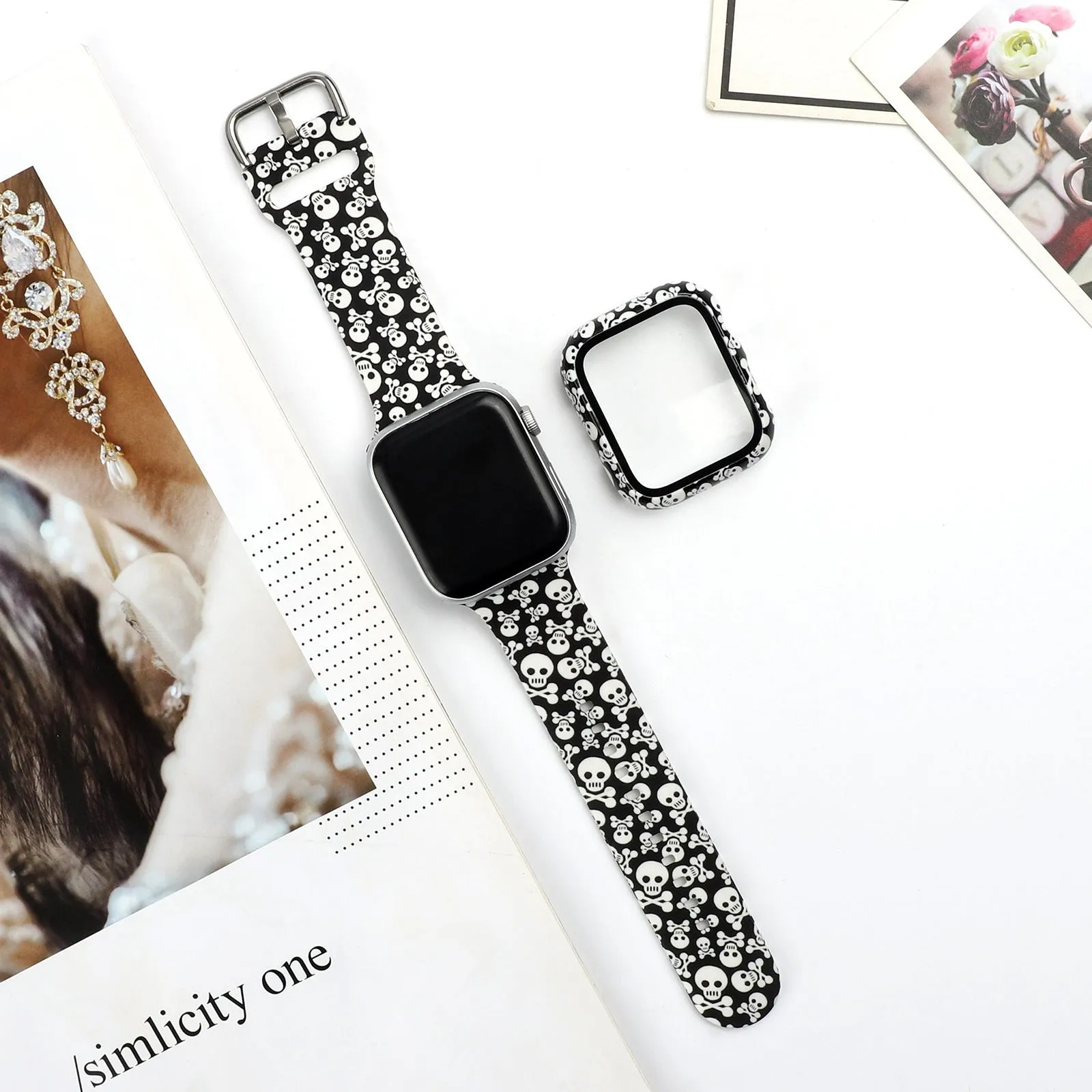 Printed silicone replacement watch strap for Apple Watch Series 1-6 and SE models showing graphic design options.