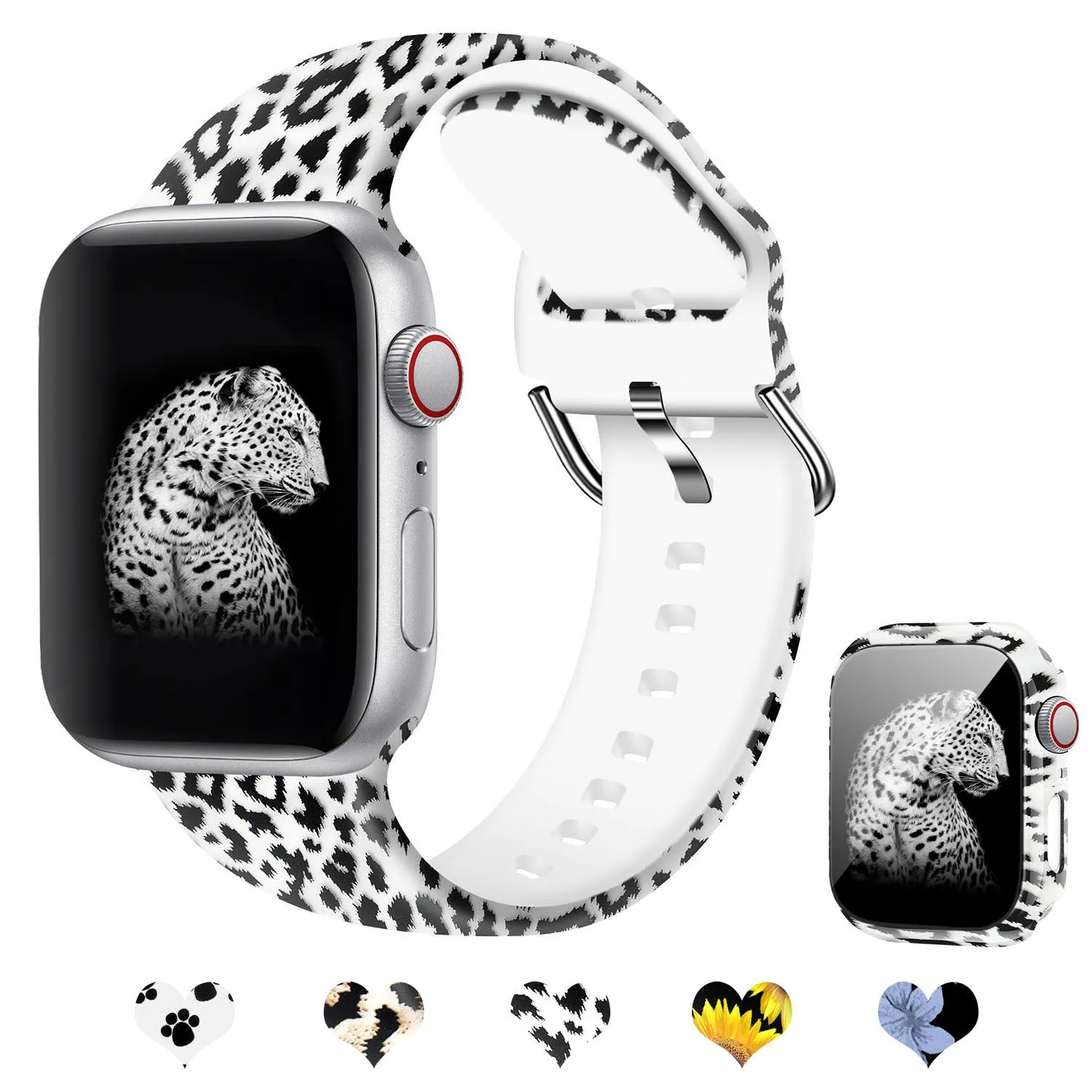 Printed silicone replacement watch strap for Apple Watch Series 1-6 and SE models showing graphic design options.