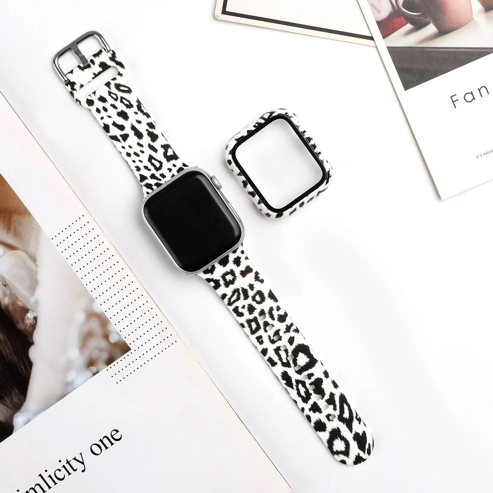 Printed silicone replacement watch strap for Apple Watch Series 1-6 and SE models showing graphic design options.