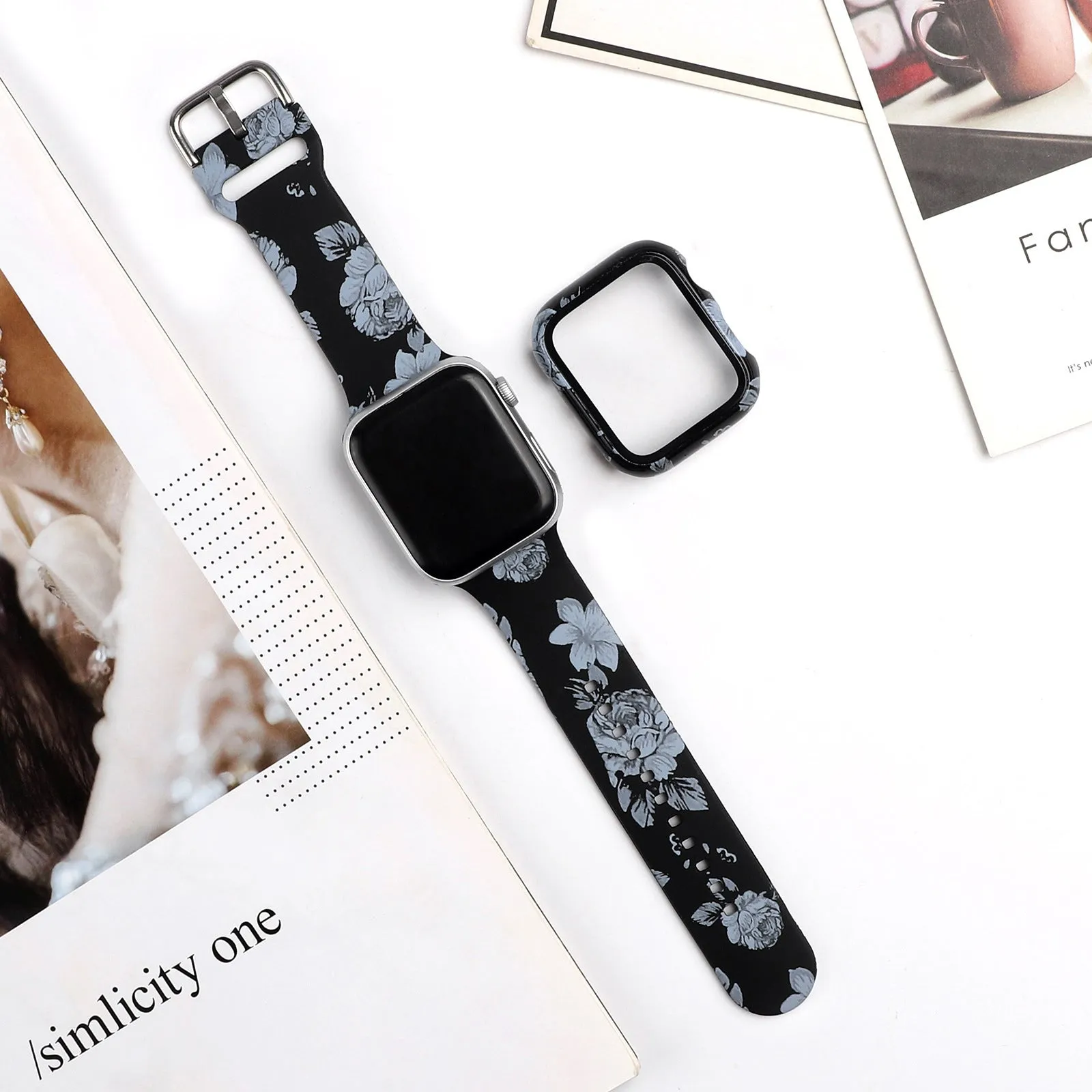Printed silicone replacement watch strap for Apple Watch Series 1-6 and SE models showing graphic design options.