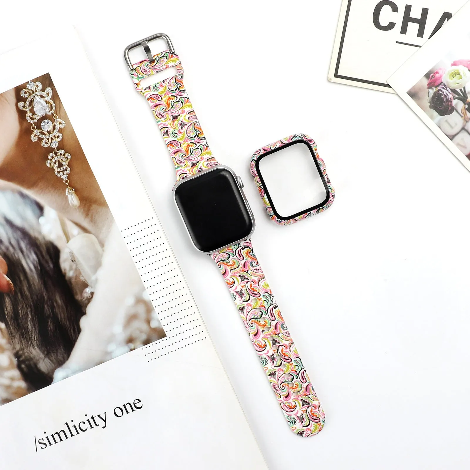 Printed silicone replacement watch strap for Apple Watch Series 1-6 and SE models showing graphic design options.
