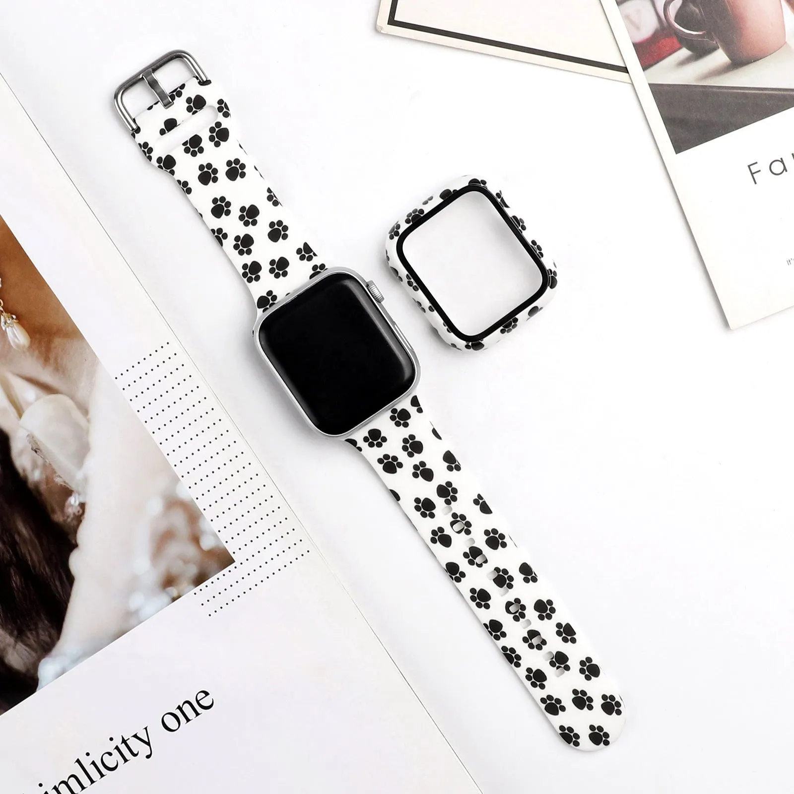 Printed silicone replacement watch strap for Apple Watch Series 1-6 and SE models showing graphic design options.