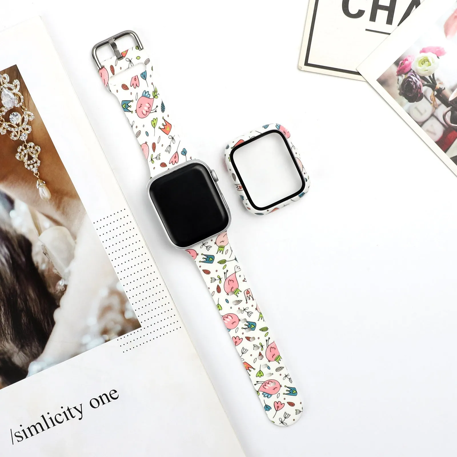 Printed silicone replacement watch strap for Apple Watch Series 1-6 and SE models showing graphic design options.
