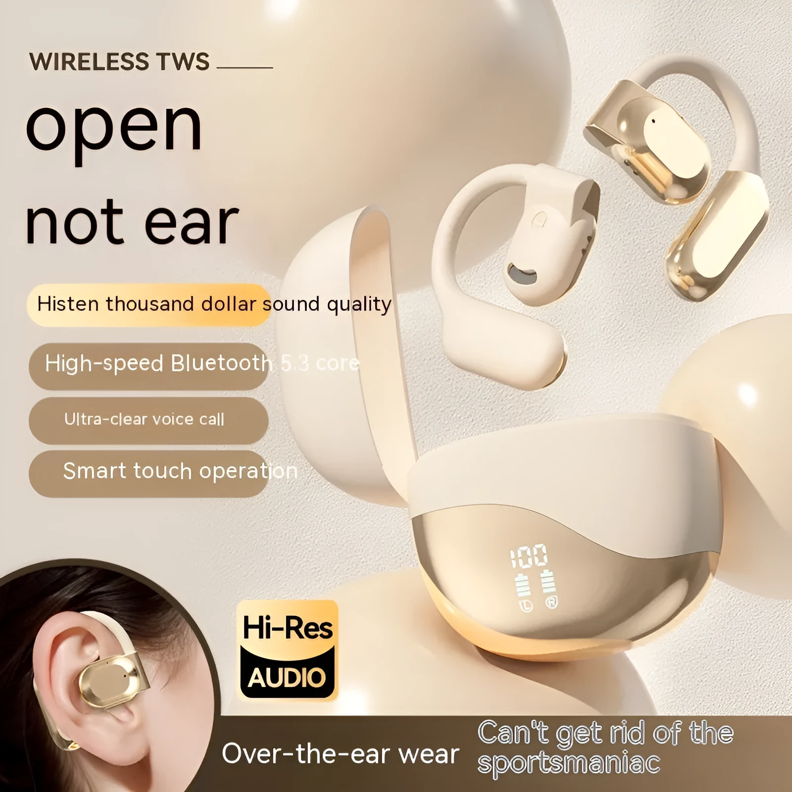 Wireless ear hook Bluetooth headset with bone conduction in M62 Black with digital display and breathing light