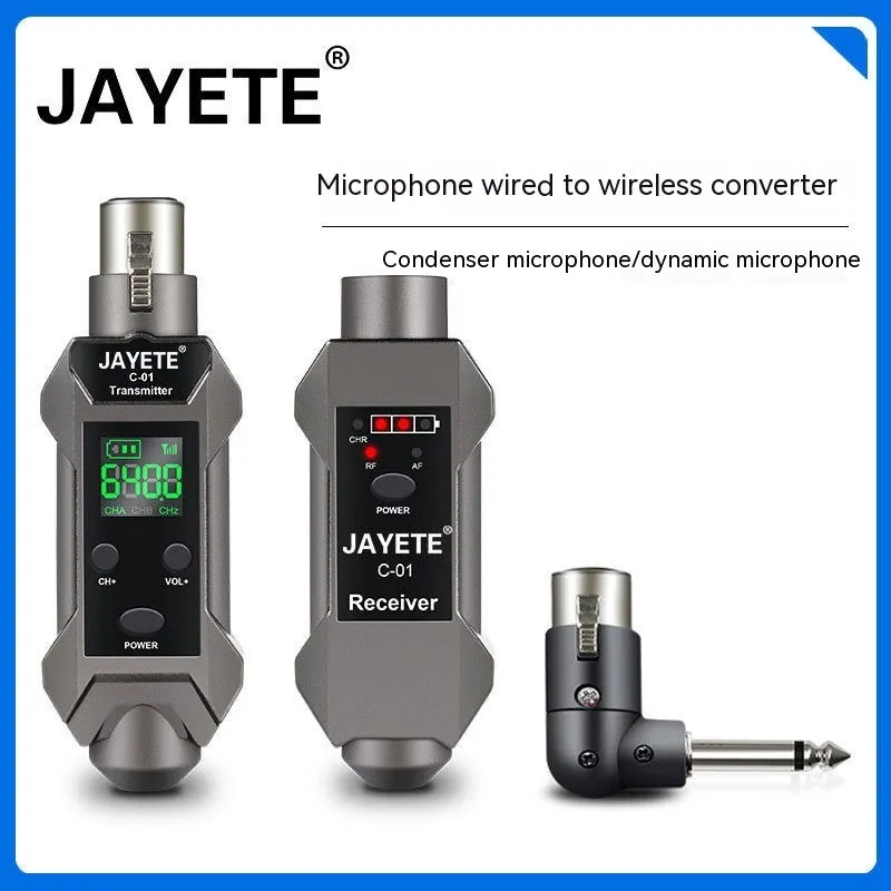 Wireless microphone converter set with transmitter, receiver, and converter head for moving coil and condenser mics, 15x15x5cm
