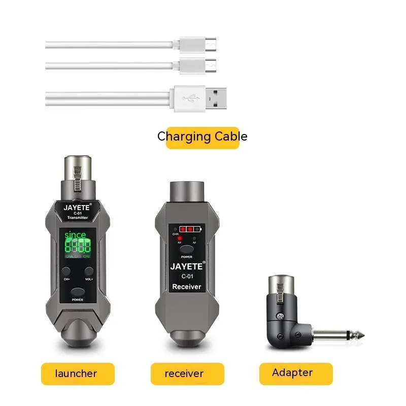 Wireless microphone converter set with transmitter, receiver, and converter head for moving coil and condenser mics, 15x15x5cm