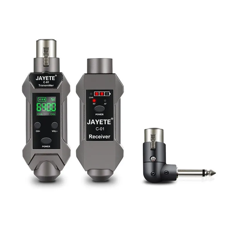 Wireless microphone converter set with transmitter, receiver, and converter head for moving coil and condenser mics, 15x15x5cm