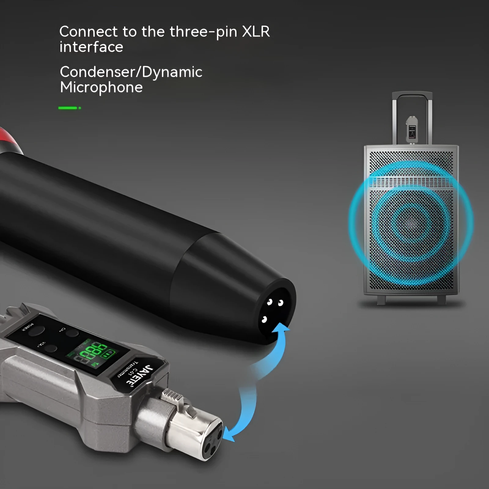 Wireless microphone converter set with transmitter, receiver, and converter head for moving coil and condenser mics, 15x15x5cm