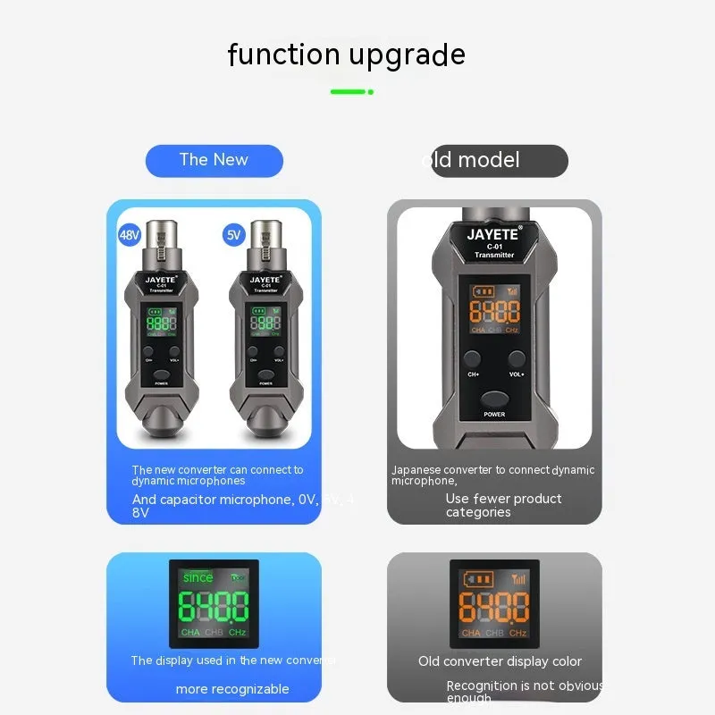 Wireless microphone converter set with transmitter, receiver, and converter head for moving coil and condenser mics, 15x15x5cm