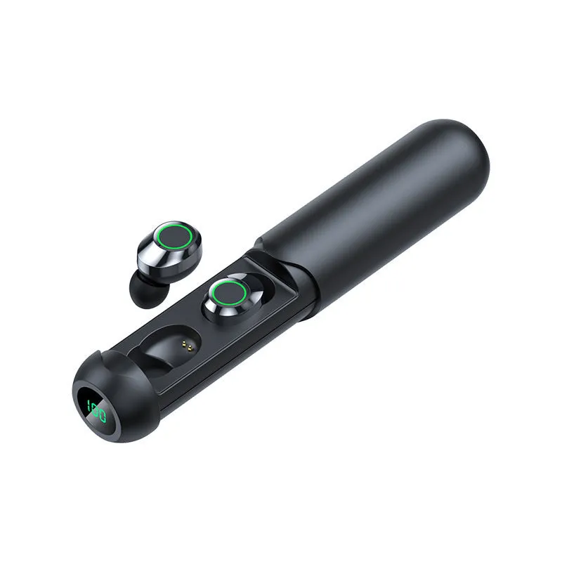 Black pull-out wireless Bluetooth headset with digital display in charging bin, plastic build, ergonomic in-ear design