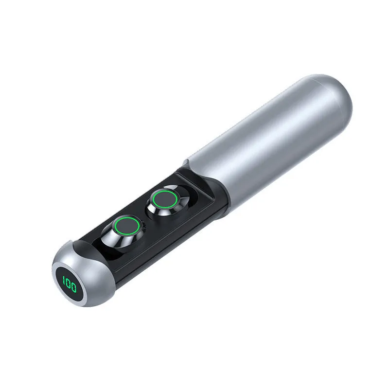 Black pull-out wireless Bluetooth headset with digital display in charging bin, plastic build, ergonomic in-ear design