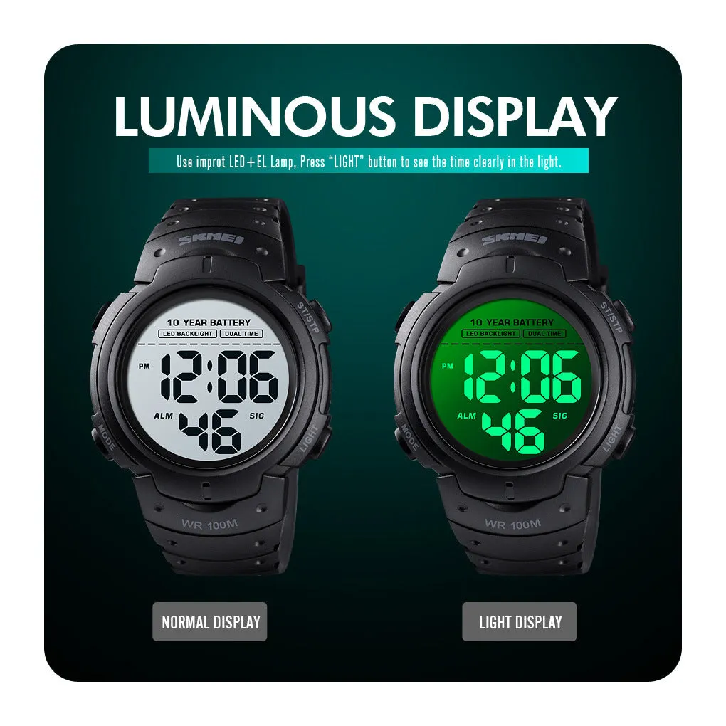 Men's army green outdoor sports watch with circular 47mm dial, luminous LED display, and PU strap