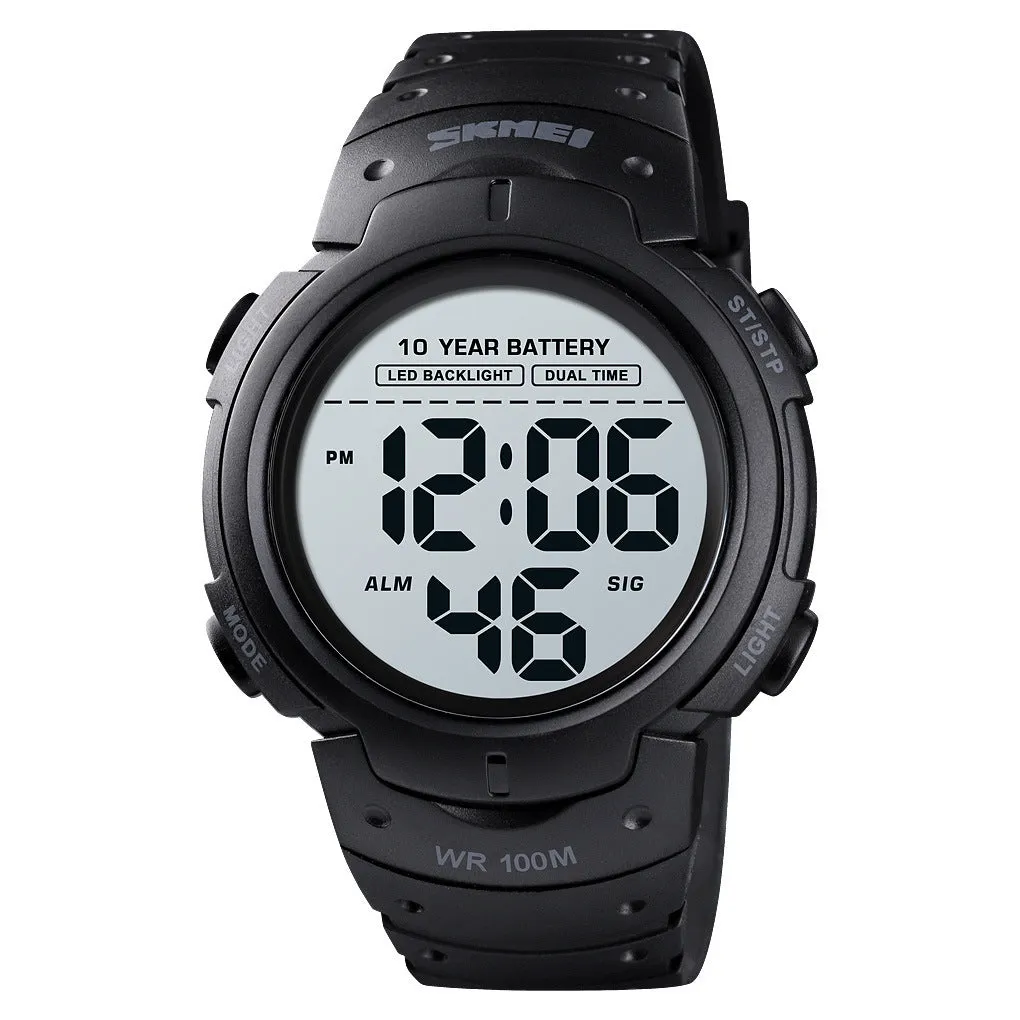Men's army green outdoor sports watch with circular 47mm dial, luminous LED display, and PU strap