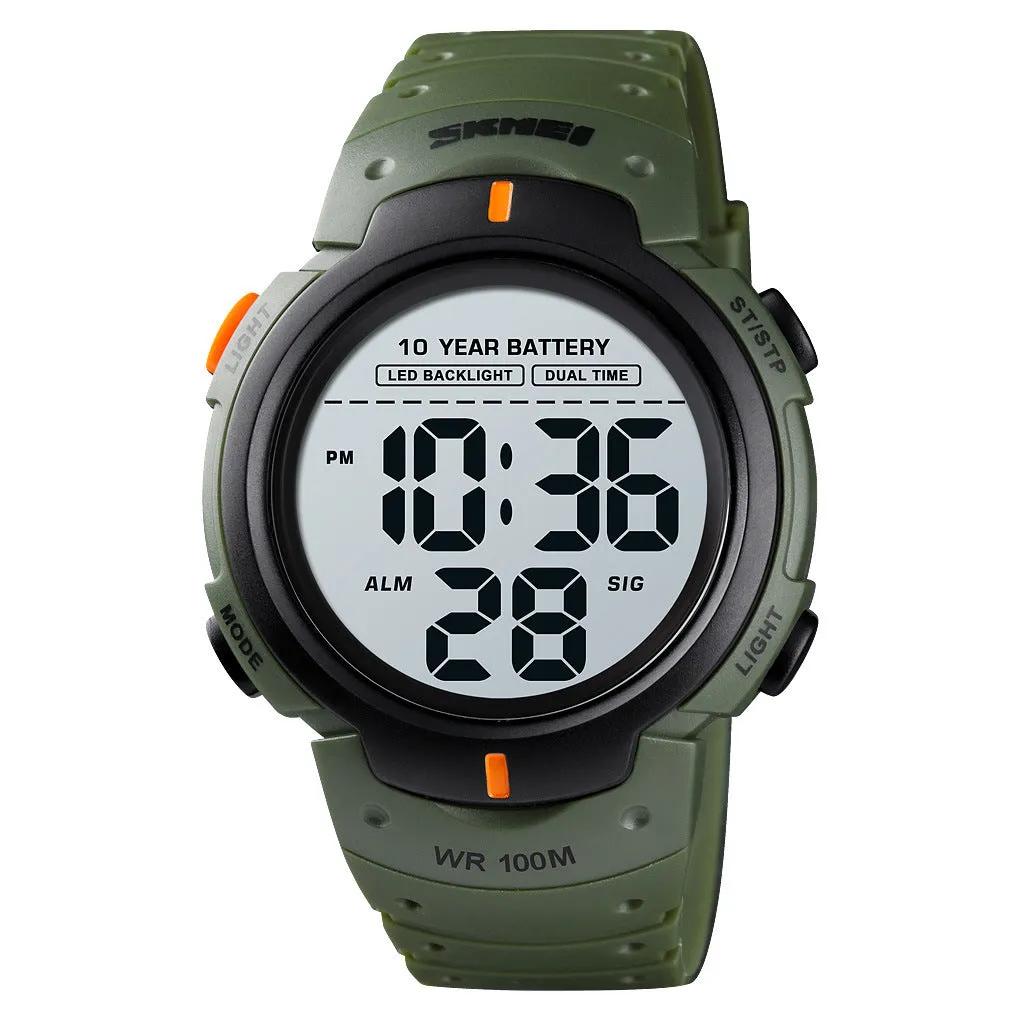 Men's army green outdoor sports watch with circular 47mm dial, luminous LED display, and PU strap