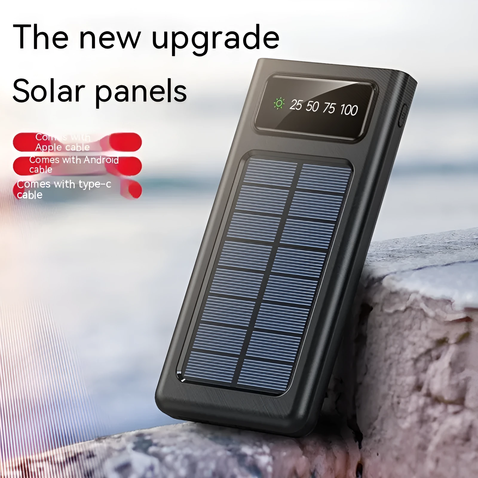 Solar power bank 10000mAh with digital display, white plastic shell, four-wire solar charger