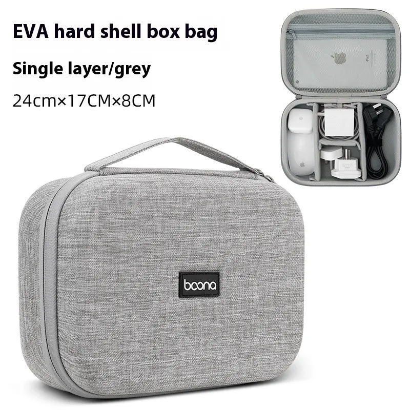 Gray multifunctional digital storage bag for data cable headset charger made from EVA material with sewing, holding cables and a charger
