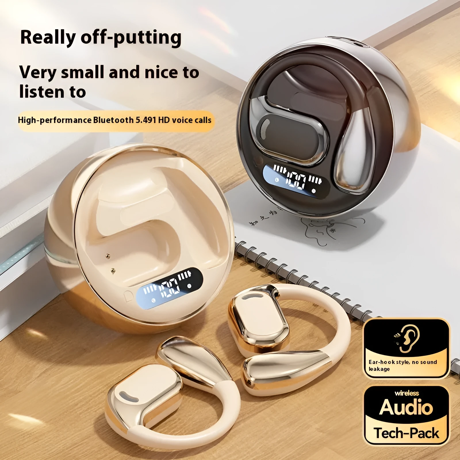 Non in-ear Bluetooth headset M76 in black colour with ear-mounted silicone design and breathing light