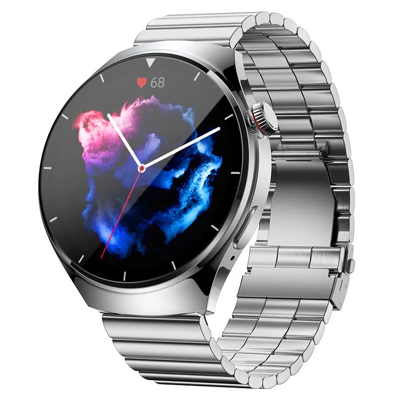 Smart watch with sleep monitoring and Bluetooth calling, available in black steel and silver glue options