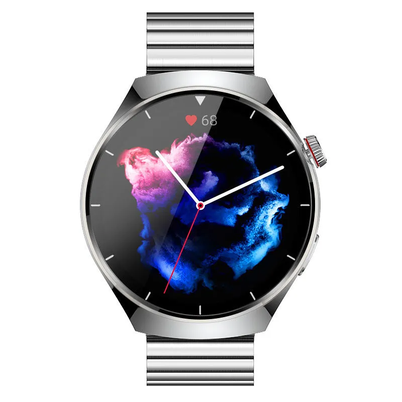 Smart watch with sleep monitoring and Bluetooth calling, available in black steel and silver glue options