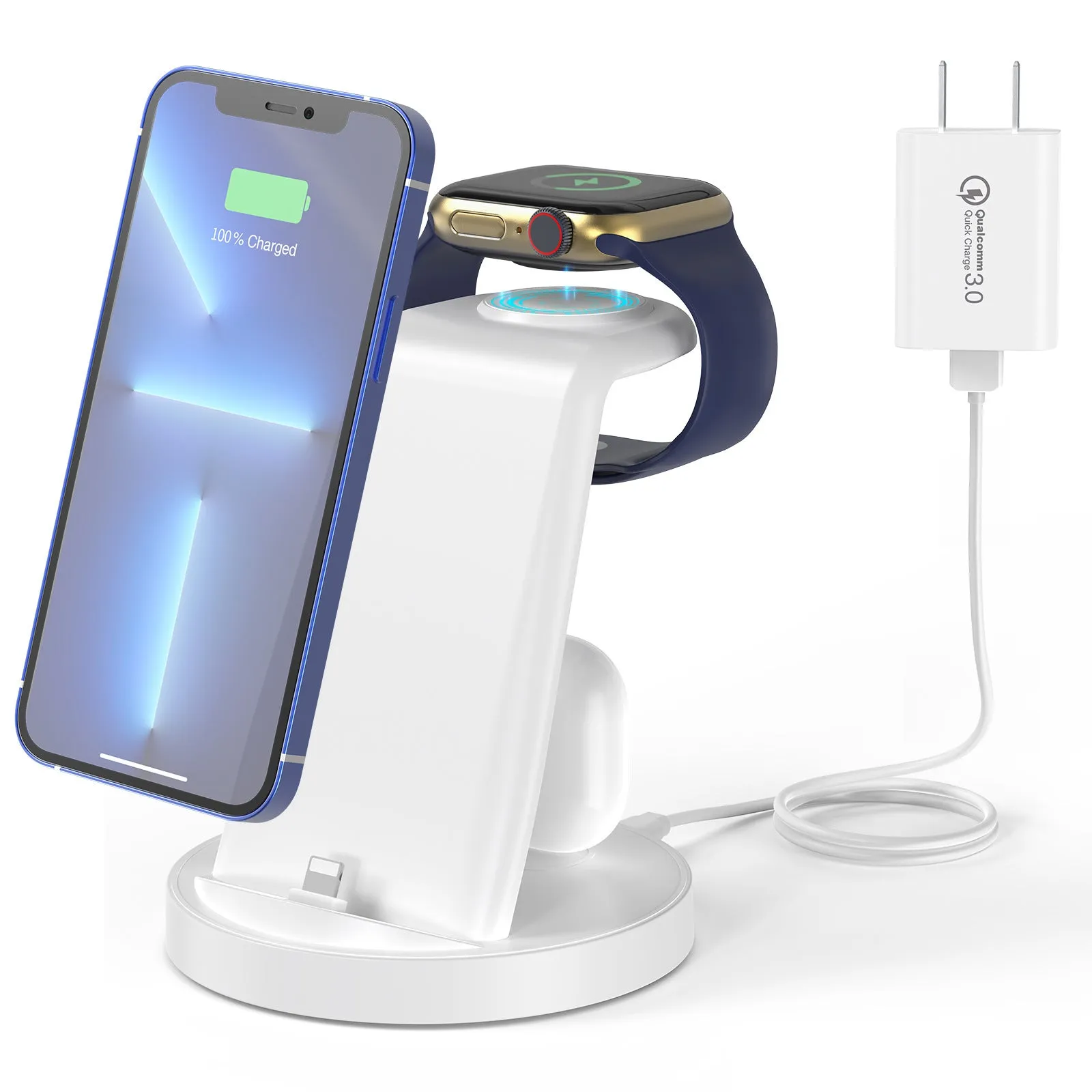 Three-in-one magnetic wireless charger mobile phone holder in white with fixed base