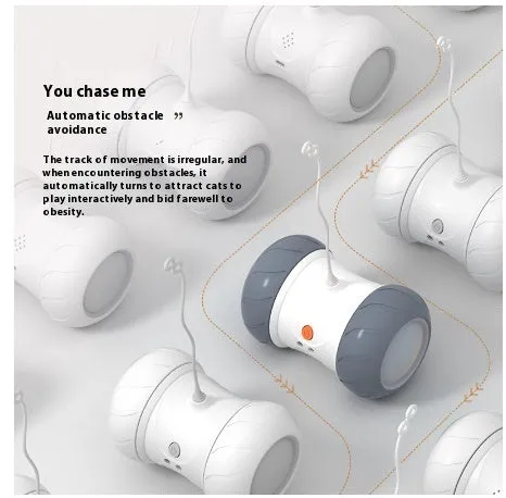 White light grey automatic electric roller tumbler cat toy on floor, ABS plastic construction