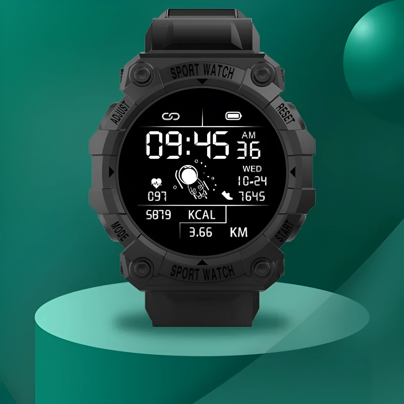 Spaceman Round FD68S smart bracelet with 144 colour TFT screen, round face, in black on wrist