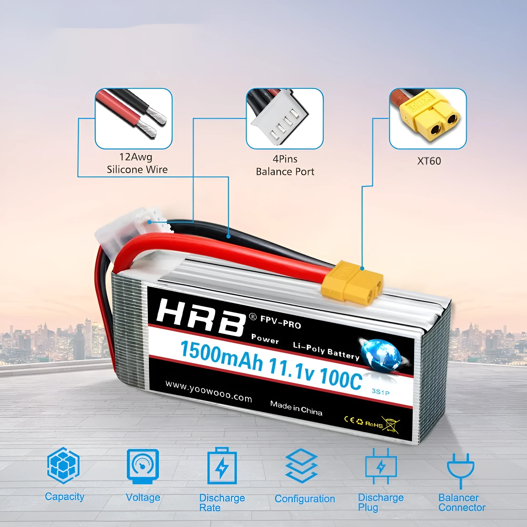 HRB 3000mAh 60C 2S lithium battery with EC5 plug for UAV