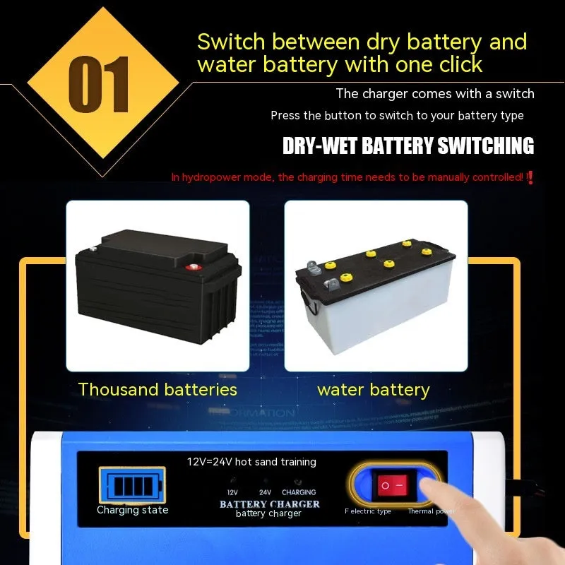 Blue car motorcycle storage battery charger with UK plug and indicator light, 22x10x7cm