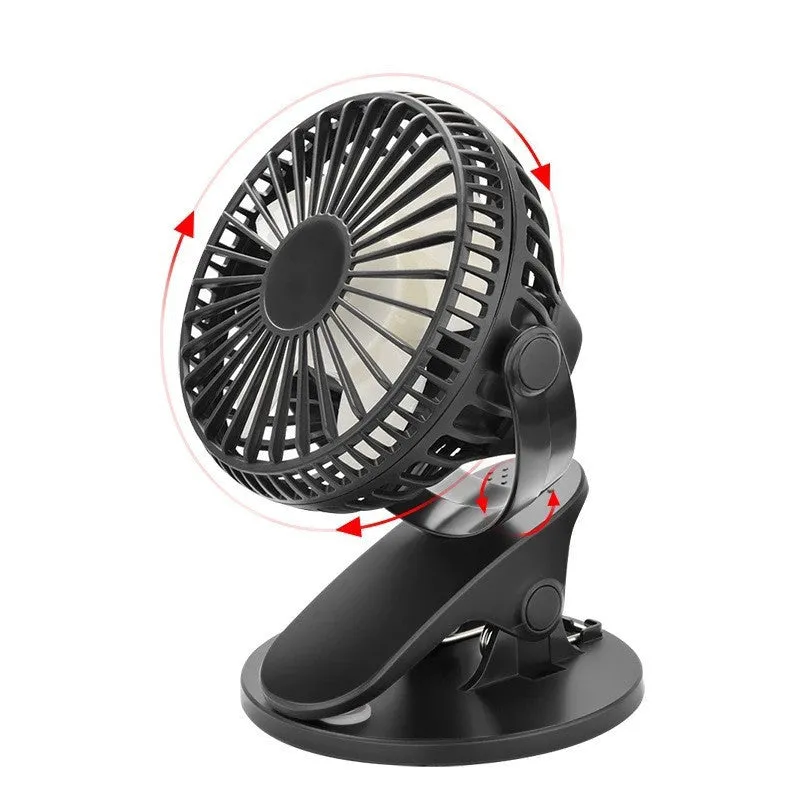 Small white USB rechargeable clip fan with plastic blades attached to desk edge