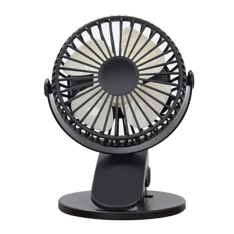 Small white USB rechargeable clip fan with plastic blades attached to desk edge