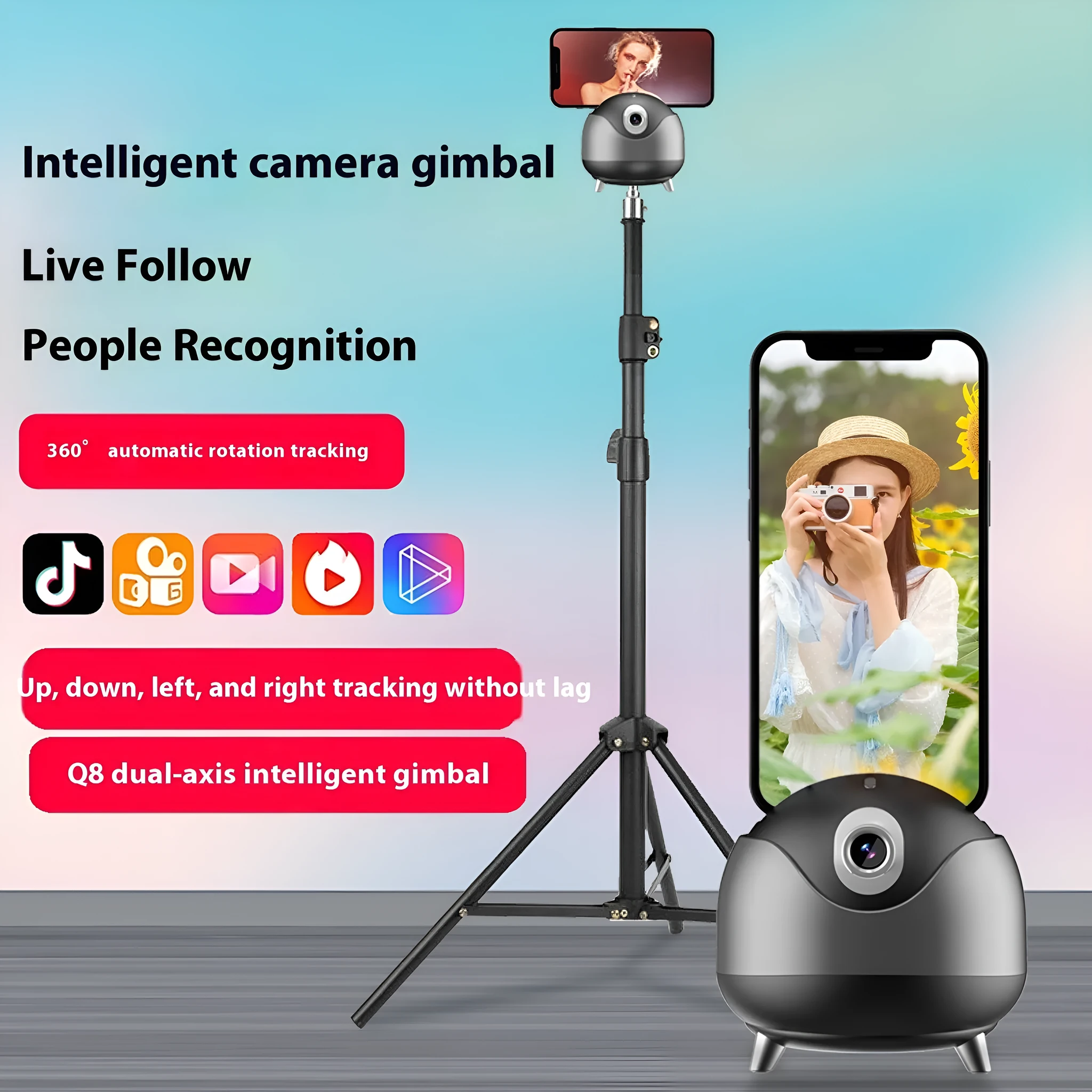 New Q8 dual-axis AI face recognition automatic smartphone tracking head stabilizer in ABS, featuring auto-tracking and dual-axis movement