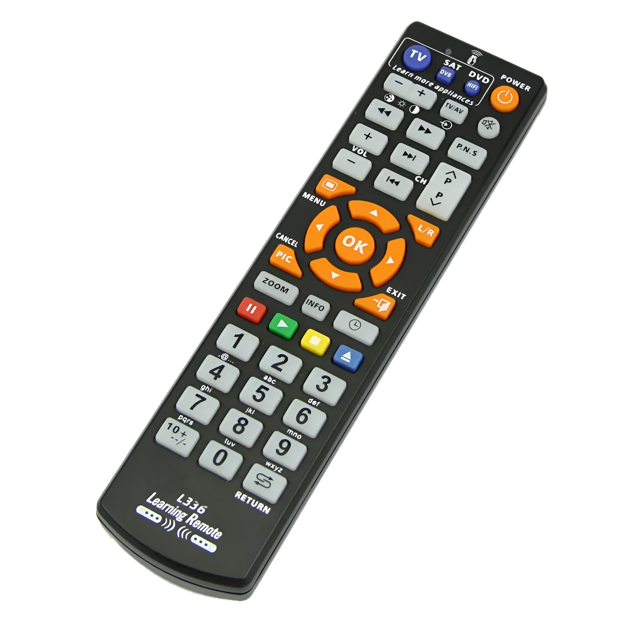 Black L336 learning remote control showing button layout and 20cm length