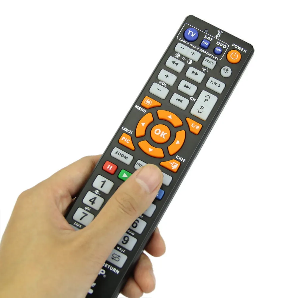 Black L336 learning remote control showing button layout and 20cm length