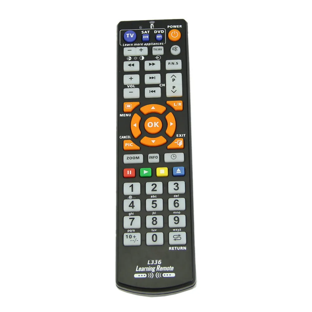 Black L336 learning remote control showing button layout and 20cm length