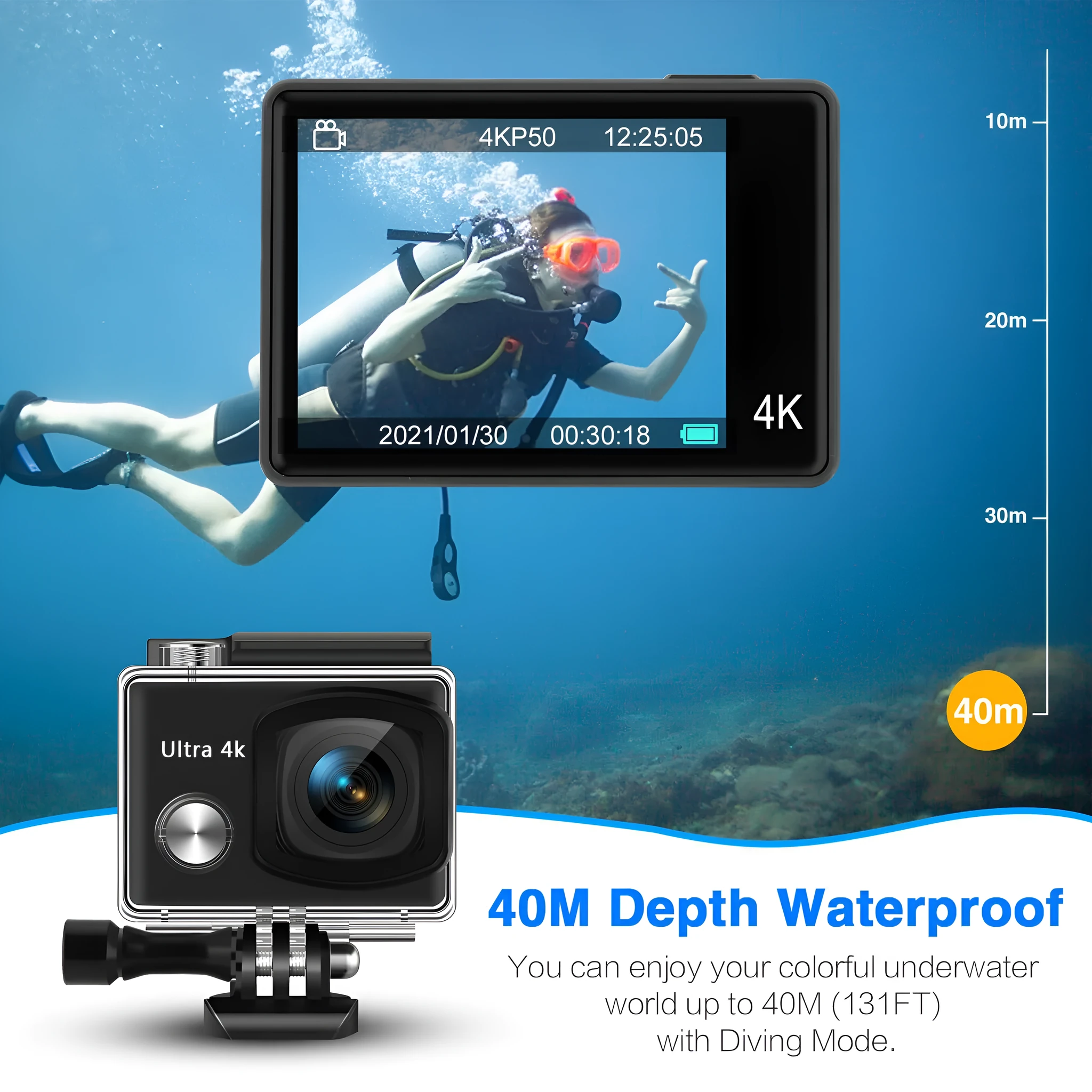 Sports Camera 4K HD Anti-shake plastic metal body 57x40x28mm with waterproof case Black Standard