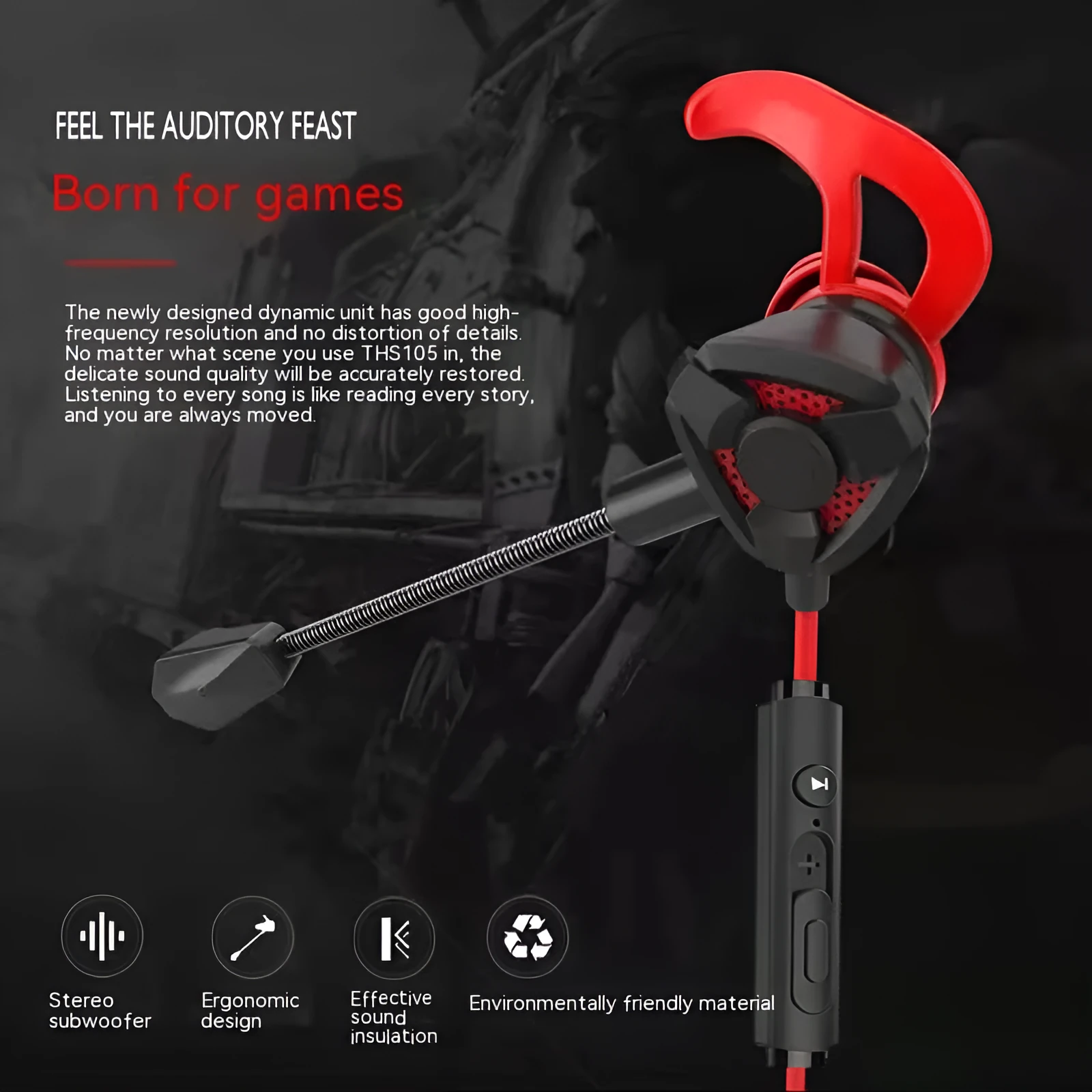 Black and red in-ear gaming earphone with microphone and 3.5mm wired plug