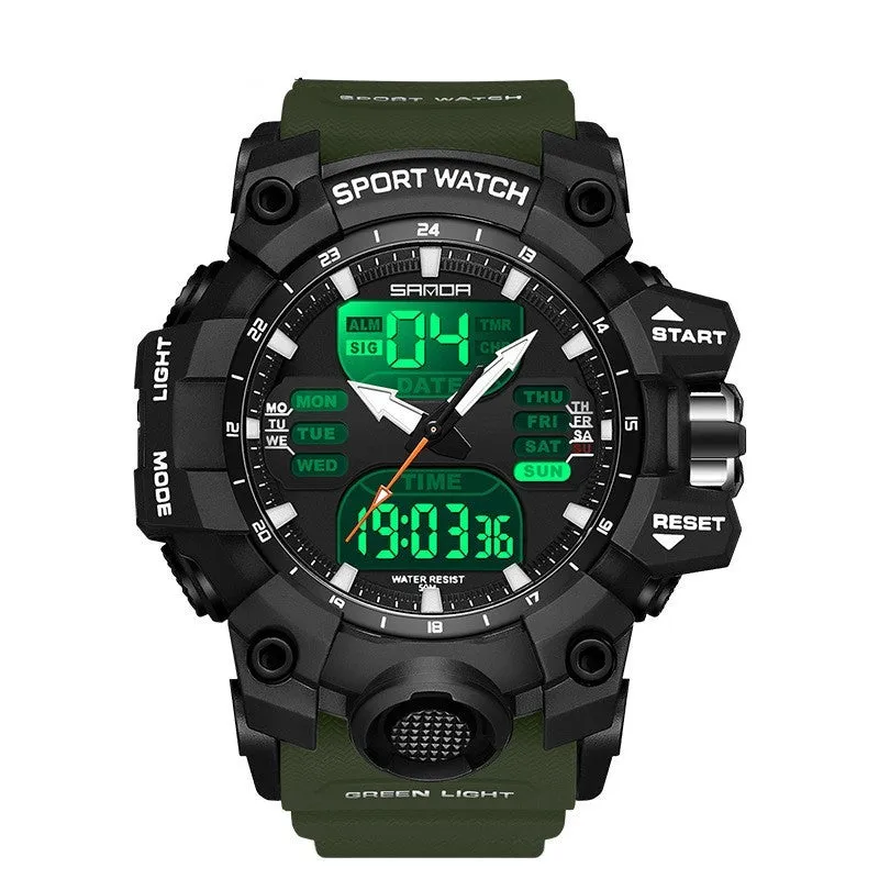 Sanda transparent green light photoelectric alarm clock with black strap and display in a simple style