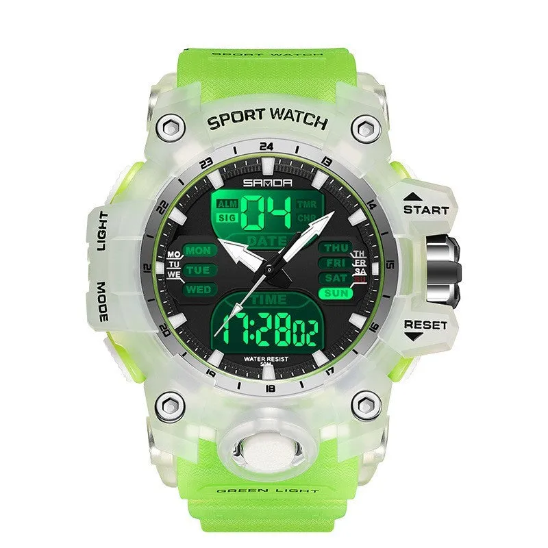 Sanda transparent green light photoelectric alarm clock with black strap and display in a simple style